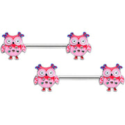 14G 9/16 Bow Pink Heart Owls Barbell Nipple Ring Set