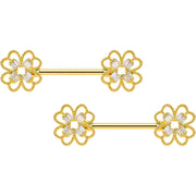 14G 5/8 Clear Gem Gold Tone Texture Cross Barbell Nipple Ring Set