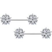 14G 9/16 Clear CZ Gem Floral Burst Barbell Nipple Ring Set