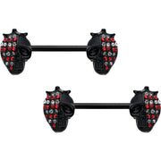 14G 9/16 Red Gem Black Skull Halloween Barbell Nipple Ring Set