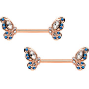 14G 9/16 Clear Blue Gem Rosy Tone Butterfly Wing Nipple Ring Set