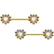 14G 9/16 White Synthetic Opal Gold Tone Sun Heart Nipple Ring Set