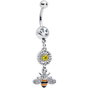 Clear Yellow Gem Striped Bee Daisy Flower Dangle Belly Ring