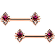 14G 9/16 Red Gem Rosy Tone Octogram Star Barbell Nipple Ring Set