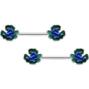 14G 9/16 Spring Flower Blue Green Barbell Nipple Ring Set