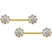 14G 9/16 Clear Gem Gold Tone Whimsy Flower Barbell Nipple Ring Set