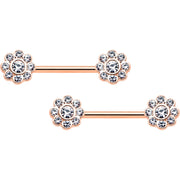 14G 9/16 Clear Gem Rosy Tone Whimsy Flower Barbell Nipple Ring Set