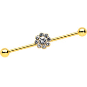 14G Clear Gem Gold Tone Whimsy Flower Industrial Barbell 38mm