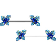 14G 9/16 Blue Gem Glamour Butterfly Barbell Nipple Ring Set