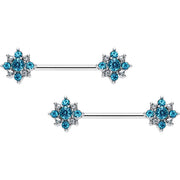 14G 9/16 Clear Blue Gem Opulent Flower Barbell Nipple Ring Set