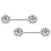 14G 9/16 Clear Gem Rococo Starry Flower Barbell Nipple Ring Set