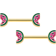 14G 9/16 Gold Tone Watermelon Bite Barbell Nipple Ring Set