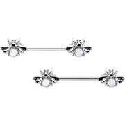 14G 9/16 White Faux Opal Bee Beauty Insect Barbell Nipple Ring Set