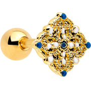 16G 1/4 Blue Gem Gold Tone Lacy Rhombus Cartilage Tragus Earring
