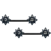 14G 9/16 Clear Gem Black Gothic Sun Barbell Nipple Ring Set