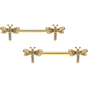 14G 9/16 Clear Gem Gold Tone Flying Dragonfly Nipple Ring Set