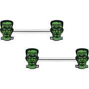 14G 9/16 Frankenstein Head Green Glow in the Dark Nipple Ring Set
