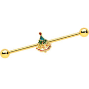 14G Red Gem Gold Tone Deco Holiday Tree Industrial Barbell 38mm
