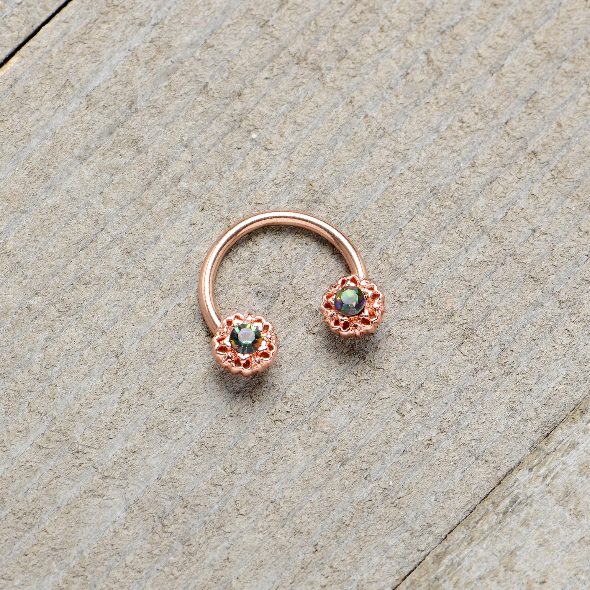 16G 3/8 Purple Tourmaline Rose Gold Tone Flower Circular Barbell