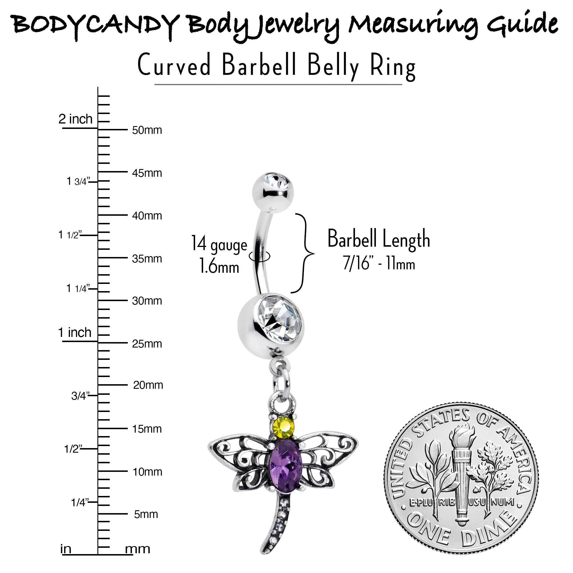 Clear Yellow Purple Gem Dragonfly Dangle Belly Ring
