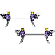 14G 9/16 Purple Yellow Gem Dragonfly Barbell Nipple Ring Set