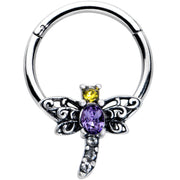 16G 3/8 Purple Yellow Gem Dragonfly Hinged Segment Ring