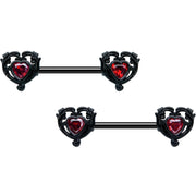 14G 9/16 Red CZ Gem Black Passion Heart Barbell Nipple Ring Set