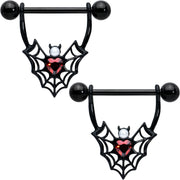 14G 11/16 Red Gem Black Gothic Bat Heart Nipple Shield Set