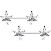 14G 3/4 Clear CZ Gem Pot Leaf Barbell Nipple Ring Set