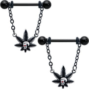 14G 9/16 Red Gem Black Pot Leaf Skull Chain Dangle Nipple Ring Set