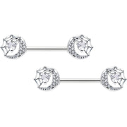 14G 9/16 Clear CZ Gem Heart Web Moon Barbell Nipple Ring Set