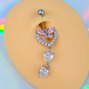 Pink Clear Gem Butterfly Hearts Of Love Dangle Belly Ring