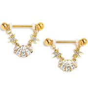 14G 9/16 Clear Gem Gold Tone Sea Shell Glam Dangle Nipple Ring Set