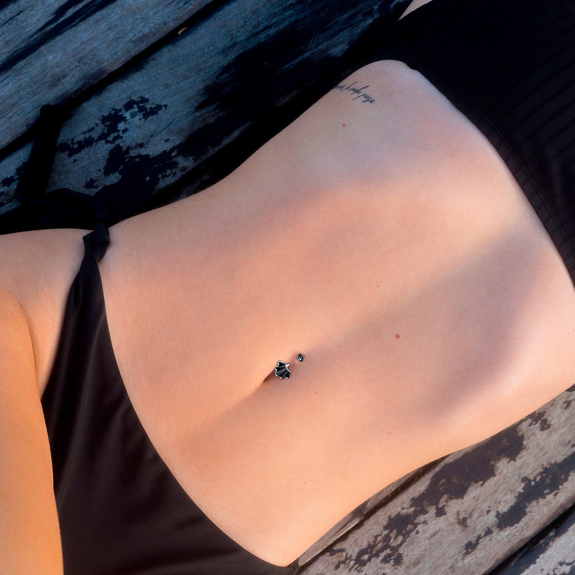 Black CZ Gem Regal Rectangles Internally Threaded Double Mount Belly Ring