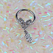 16G 3/8 Clear Gem Dollar Sign Dangle Hinged Segment Ring