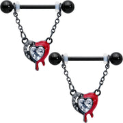 14G 9/16 Clear Gem Black Bleeding Heart Chain Dangle Nipple Ring Set