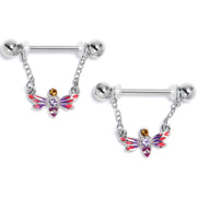 14G 9/16 Purple Yellow Gem Dragonfly Stripe Dangle Nipple Ring Set