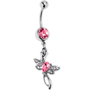 Pink Gem Bold Dragonfly Dangle Belly Ring