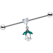 14G Clear CZ Gem Heart And Rose Dangle Industrial Barbell 38mm