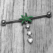 14G Clear Gem Palm Tree Love Dangle Industrial Barbell 38mm