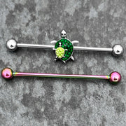 14G Green Gem Rainbow Turtle World Industrial Barbell 38mm Set of 2