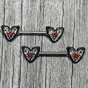14G 9/16 Red Gem Captured Heart Barbell Nipple Ring Set