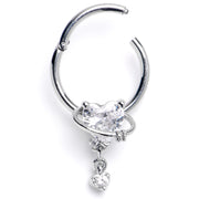 16G 3/8 Clear CZ Gem Saturn Heart Dangle Hinged Segment Ring