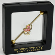 14G Clear Pink Gem Gold Tone Circle Heart Industrial Barbell 38mm