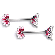 14G 9/16 Clear CZ Gem Butterfly Blossom Pink Barbell Nipple Ring Set
