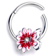 16G 3/8 Clear CZ Gem Butterfly Blossom Pink Hinged Segment Ring