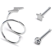 20G Clear Gem Star Spiral Nose Ring 3 Pack