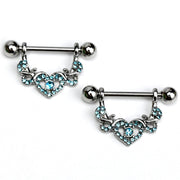14G 9/16 Blue Gem Seeing Heart Dangle Nipple Ring Set