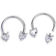 14G 9/16 Clear CZ Gem Heart Internally Threaded Horseshoe Set