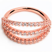 18G 3/8 Clear CZ Gem Rose Gold Tone Faux Triple Hoop Closure Ring